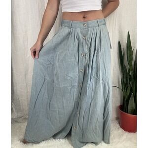 Vtg 90s Denim Button Front Maxi Skirt Size 14 Cottage Prairie Light Wash Pockets